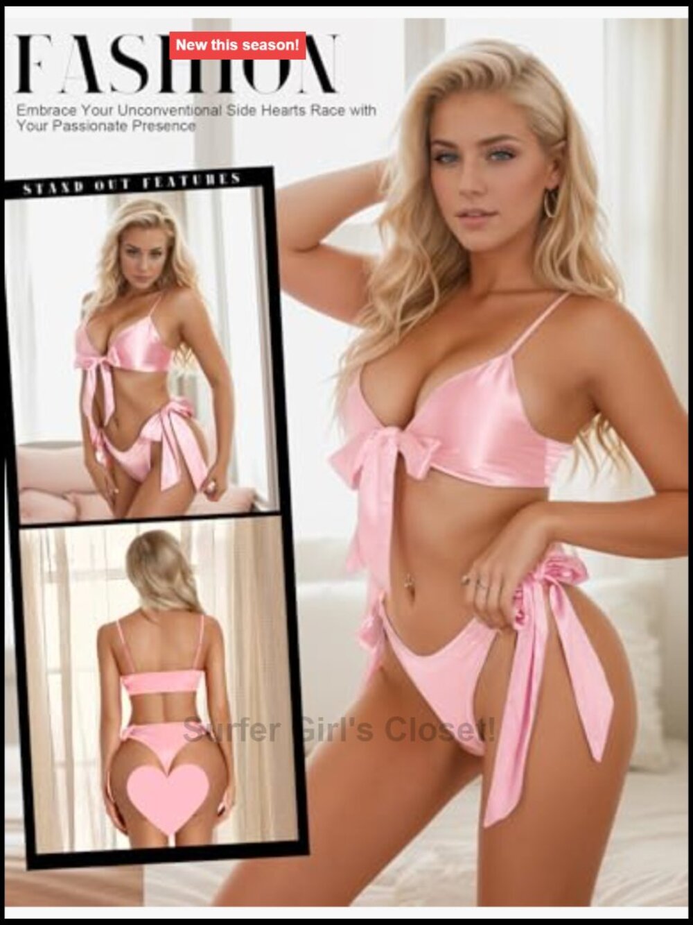 Satin Bow Tie Lingerie Set, 2 Piece Bra and Thong, Adjustable Straps, Pull On - Picture 4 of 7